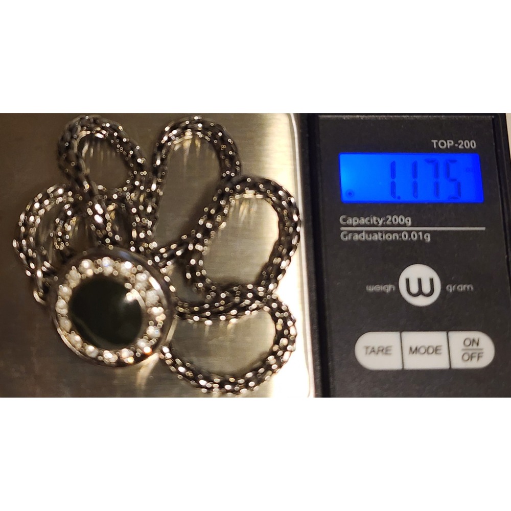 Silver Tone Black Enamel Rhinestone Halo Pendant Popcorn Chain Necklace 16" - Picture 4 of 7